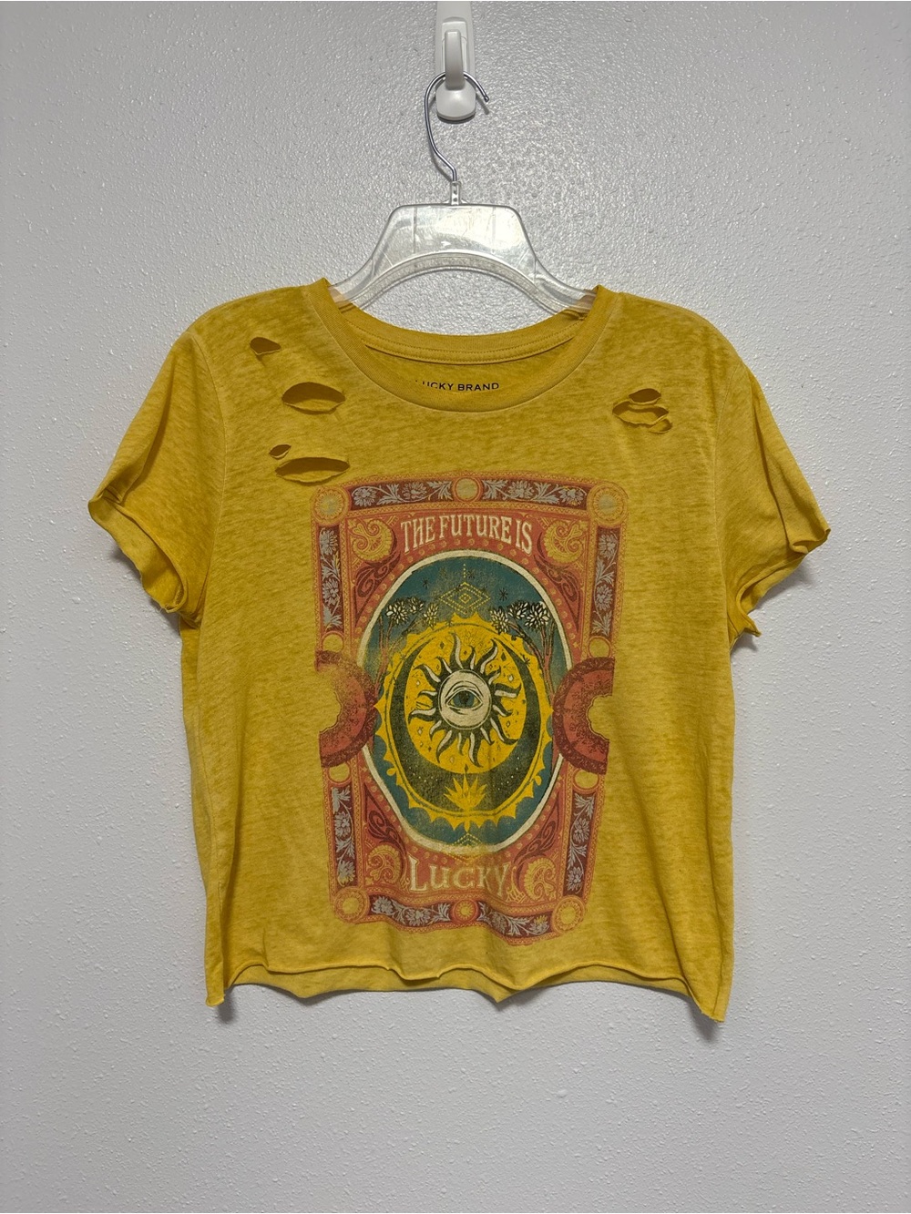 Lucky Brand Mustard Graphic Crop Tee with Sun Motif